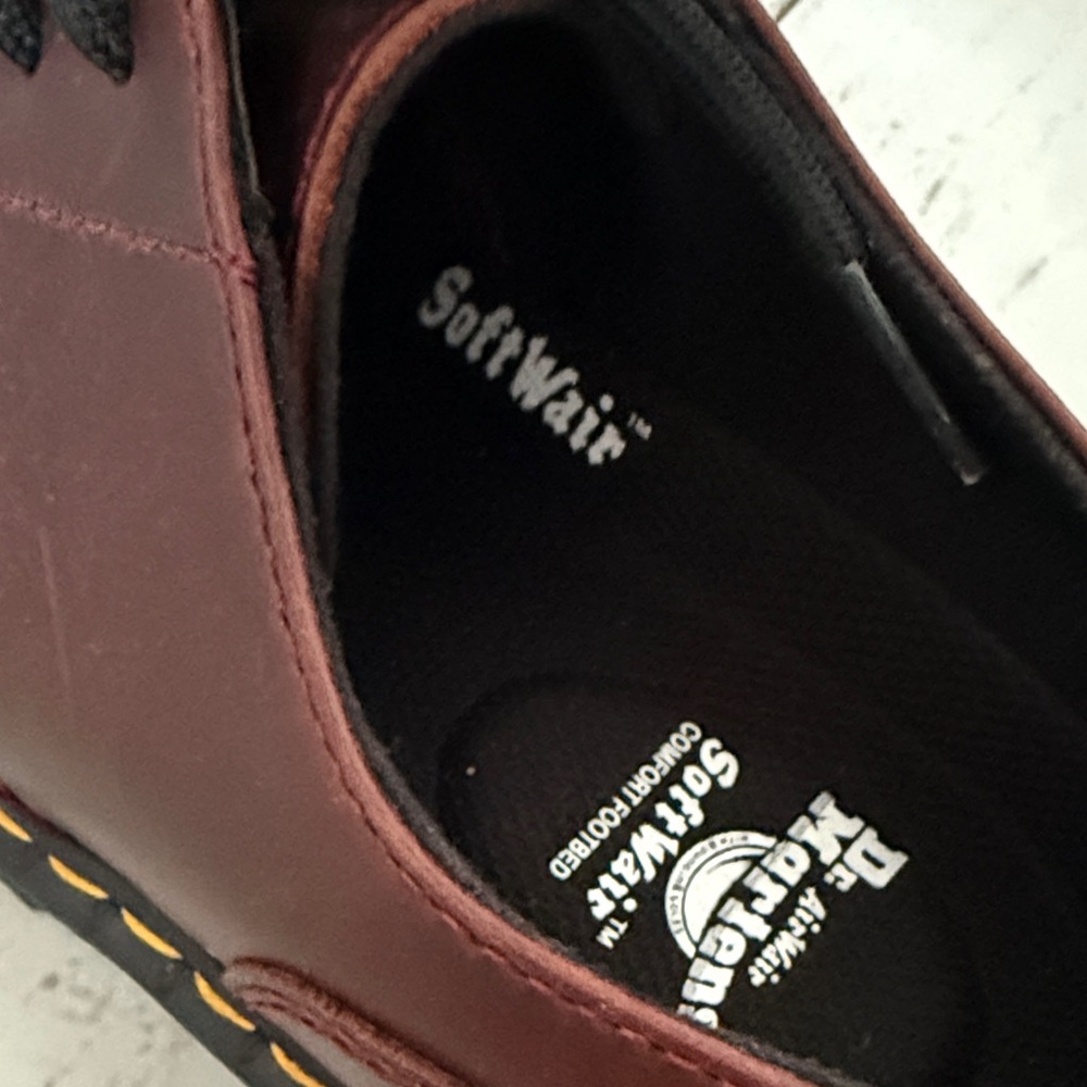 Dr. Martens Burgundy Leather Chunky Lace-Up Oxfords with Yellow Stitching - Picture 7 of 9
